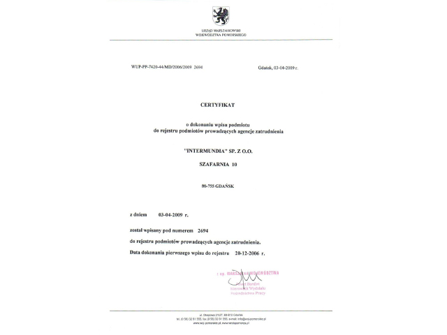Certyfikat - Intermundia Sp. z o.o. jest w pełni przejrzyście działającym przedsiębiorstwem posiadającym odpowiednie uprawnienia polskich organów ...